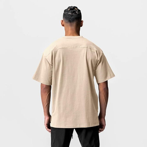 T-shirt pour homme beige à col rond et manches courtes, 100 % coton, coupe classique, jersey décontracté, couleur unie, design simple - Product Image 6