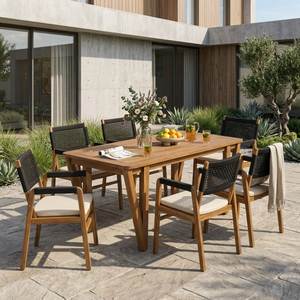 Conjunto de Muebles de Jardín de Teca para 6 Personas, Muebles de Patio de Madera Contemporáneos, Mesa y Sillas de Patio Resistentes a la Intemperie - Product Image 1
