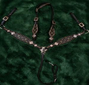 Horse breast collar western <b>leather</b> tack chest <b>harness</b> turquoise concho bead stud adjustable straps riding halter set - Product Image 3