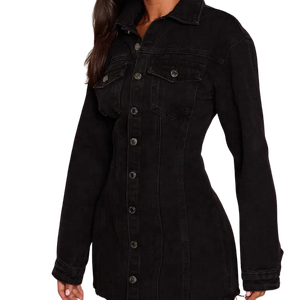 Summer Sexy <b>Black</b> Denim Shirt <b>Dress</b> Full Sleeve Turn-down Collar Mini Casual Women's <b>Dress</b> Solid Color <b>Button</b> Front A Line <b>Dress</b> - Product Image 3