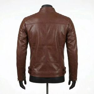 Blouson moto homme en cuir véritable marron, col rabattable, fermeture éclair, coupe ajustée, vêtement d'extérieur décontracté pour l'automne, manches classiques, tendance - Product Image 2