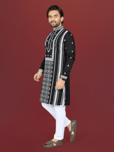 Kurta de Algodón Negro para Hombre con Bordado Blanco, Traje Tradicional Indio para Bodas, Largo hasta el Tobillo, Corte Regular - Product Image 1