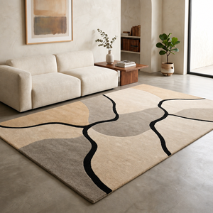 Modern Geometric <b>Cushioned</b> Anti-Slip Area Rug Neutral <b>Beige</b> Black Abstract Carpet for Dining Room Prayer Travel Floor Mat Home - Product Image 3