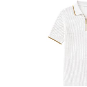 Polo en maille blanc pour homme avec fermeture éclair dorée, manches courtes, haut décontracté de luxe pour l'été, tissu texturé, chemise de golf personnalisée par un designer, OEM - Product Image 3
