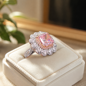 Pink <b>Cushion</b> Cut Gemstone Promise Ring Halo Plated White Gold Engagement Band <b>for</b> Women Moissanite Luxury Jewelry - Product Image 6