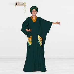 Caftán modesto de rayón con detalles estampados en contraste, bolsillos delanteros espaciosos, corte maxi fluido hasta el suelo, tela suave y transpirable, ideal para Eid. - Product Image 3