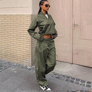 Women's Olive Green Safari <b>Jacket</b> Set Oversized Long Sleeve Stand Collar Elastic Waist Pants With Pockets All Seasons Breathable - Product Image 1