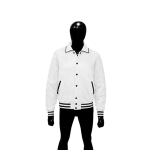 Chaqueta Varsity Blanca Personalizada con Ribete en Contraste Negro, Chaqueta Premium de Béisbol para Hombre y Mujer, Estilo Universitario Clásico - Product Image 1