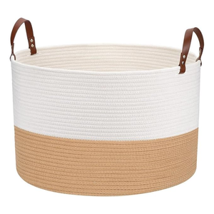 Cesta de Almacenamiento de Algodón Tejido con Asas de Cuero, Diseño Blanco y Marrón, para Decoración Interior y Exterior, Organizador de Venta Caliente - Product Image 1