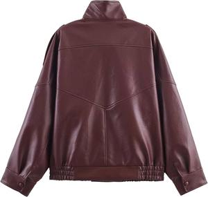 Chaqueta Bomber de Cuero Borgoña para Mujer, Estilo Vintage Oversize, Cuello Alto, Chaqueta Moto con Hombros Caídos, Ropa de Abrigo para Otoño e Invierno, EE. UU. - Product Image 6