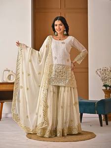 New Designer Heavy Faux Georgette Salwar Kameez Party Wear Set Knee-Length Full Sleeve <b>Top</b> Sharara Plazzo Dupatta for <b>Wedding</b> - Product Image 3