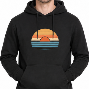 Sudadera con Capucha Negra para Hombre con Estampado Retro de Atardecer, Corte Regular, Diseño Casual con Logotipo Frontal, Sudadera de Algodón - Product Image 2