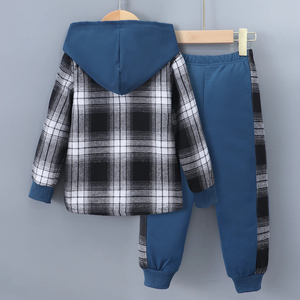 Conjunto deportivo de dos piezas para hombre y niño, otoño-invierno, informal, 100% algodón, manga larga, a cuadros, con logo en contraste en la parte delantera y capucha. - Product Image 6