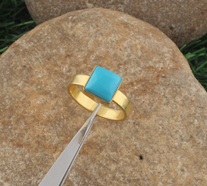 Shree Jaipur <b>Silver</b> 18K Gold Plated Square Turquoise 925 <b>Sterling</b> <b>Silver</b> Flat Band Classic Bezel <b>Set</b> Gemstone <b>Ring</b> Custom Fine - Product Image 1