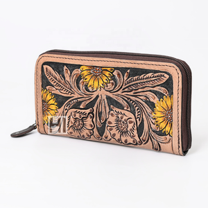 Venta caliente personalizable cuero de vaca plegable billetera Floral cierre de cremallera Vintage borla RFID monederos múltiples ranuras largas - Product Image 2