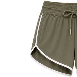 Shorts de sport pour femmes vert olive avec bordure blanche, taille élastique, cordon de serrage, poche latérale, pour la course à pied, la gym, l'entraînement, vêtements de sport - Product Image 3