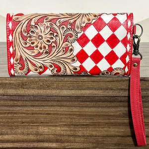 Portefeuille long à motif floral et à carreaux en cuir de vachette repoussé, style bohème vintage, avec dragonne, pour usage quotidien – Collection Mars 2026 - Product Image 5