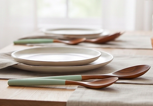 Juego de espátula y cuchara de madera con mangos de silicona color menta, diseño minimalista, apto para lavavajillas, utensilios para cocina y eventos. - Product Image 6