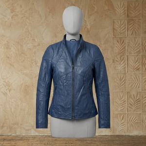 Chaqueta de Moto para Hombre en Cuero PU Azul, Cuello Alto, Cierre de Cremallera, Corte Ajustado, Manga Regular, Color Sólido, Diseño Repujado, para Otoño - Product Image 1