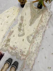 Designer Cream Sharara Suit with Gold Embroidery, Sleeveless <b>Top</b> with Palazzo Pants and Dupatta - Product Image 6