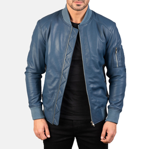 SAAR INDUSTRIES Unisex Blue Genuine Leather Classic Zip Bomber <b>Jacket</b> Waterproof Windproof Eco-Friendly Breathable Casual - Product Image 2