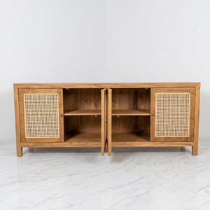 Wholesale Teak <b>Sideboard</b> 4 Door Rattan Cane Panel Wood Knob Straight Leg Scandinavian Dining Room Buffet Storage Direct Factory - Product Image 2