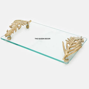 Bandeja de Servicio Rectangular de Cristal con Asa de Aluminio, Bañada en Oro, para Hotel y Restaurante - Product Image 1