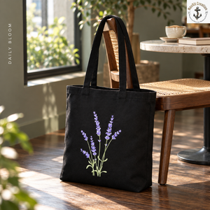 Black Canvas Tote <b>Bag</b> with Lavender Floral Print and <b>Long</b> Handles | Casual Women's Shopping Carry <b>Bag</b> for Daily Use and Travels - Product Image 2