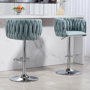 Set di 2 Sgabelli da Bar Regolabili in Altezza, Girevoli a 360° con Rivestimento in Tessuto, Schienale Intrecciato e Poggiapiedi, Colore Argento - Product Image 6