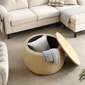Pouf Rotondo Multifunzione 2 in 1 Naturale (64,77x64,77x36,76 cm) - Utilizzabile Come Tavolino e Pouf - Product Image 5