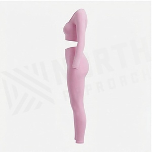 Pink 2 Piece Yoga <b>Set</b> <b>Square</b> Neck Long Sleeve Crop Top High Waist Full Length Leggings Seamless Sportswear - Product Image 3
