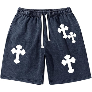 กางเกงขาสั้นเทรนดี้ดีไซน์ยีนส์ฟอกสี ผ้าฝ้ายเฟรนช์เทอร์รี่ พิมพ์ลายขอบเอว กางเกงจ็อกเกอร์ผู้ชายฟอกสีซันเฟด - Product Image 1