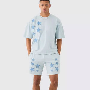 Ensemble 2 pièces décontracté streetwear pour homme personnalisable, délavé à l'acide, avec short d'été et t-shirt à épaules tombantes - Product Image 1
