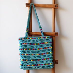 Sac à main en macramé tissé à la main pour un usage quotidien Sac à main bleu en macramé durable avec perles blanches - Product Image 3