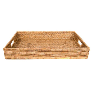 Wholesale Handmade Natural Rattan <b>Round</b> Serving <b>Tray</b> with Handles Eco-friendly Woven Wicker Basket for Coffee <b>Table</b> Decor - Product Image 4