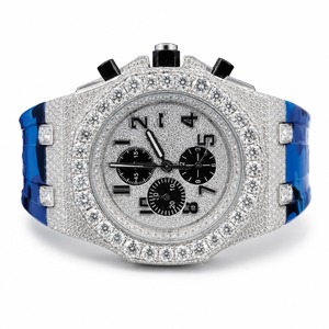Montre chronographe de luxe pour hommes en acier inoxydable avec boîtier incrusté de diamants et bracelet en caoutchouc bleu, mouvement à quartz analogique - Product Image 1