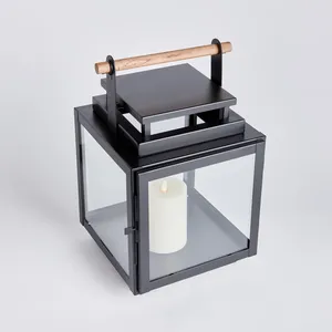 Lanterne moderne en acier inoxydable avec poignée en bois et panneaux en verre pour la Saint-Valentin, activités religieuses, décoration intérieure/extérieure - Product Image 3