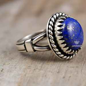 Bague en argent sterling faite à la main de style Boho vintage pour femmes bijoux de mode avec pierre précieuse Lapis Lazuli bleu - Product Image 5