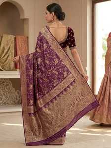 ASHMITAS COLLECTIONS Saree en soie Katan Banarasi violet, or, tenue de mariage indienne traditionnelle pour femme, sans plis, séchage rapide - Product Image 5