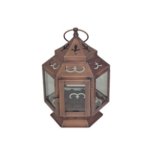 Lanterne à bougie hexagonale en bronze et cuivre, suspendue, avec toit incurvé, poignée en boucle, panneaux en verre transparent, décoration de table - Product Image 6
