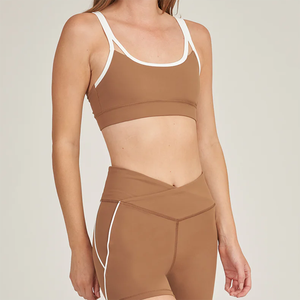 Soutien-gorge de sport pour femme, couleur unie, avec biais contrastant, bretelles spaghetti, encolure dégagée, maintien moyen, respirant, sans coutures, pour le fitness - Product Image 4