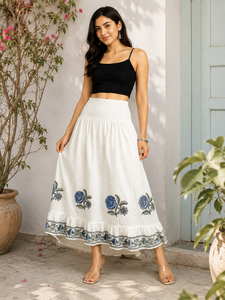 Handblock Print White Cotton <b>Skirt</b> Smocked <b>Elastic</b> Waist Midi <b>Skirt</b> Indian Traditional Floral Butta Ruffled Bottom Frill <b>Skirt</b> w - Product Image 6