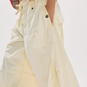 Wholesale Women's <b>Cream</b> <b>Cargo</b> Pants Mid Waist Loose Drawstring Closure Balloon Full Length Solid Casual Barrel <b>Trousers</b> Summer - Product Image 3
