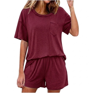 Women's Blue 2 Piece <b>Shorts</b> Set Crew Neck <b>Short</b> Sleeve Loose Fit Casual Solid Color Pocket Knitted Cotton <b>Top</b> <b>and</b> <b>Shorts</b> - Product Image 4