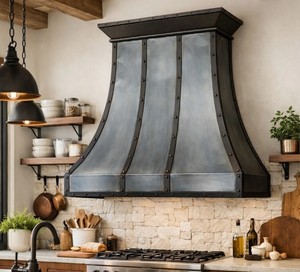 Hotte murale personnalisée en acier zingué, finition métal brossé, pour cuisine, cheminée décorative, hotte de cuisson avec bande noire - Product Image 1