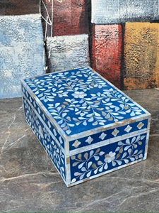 Boîte de rangement pour bijoux rectangulaire artisanale en nacre bleue ILAHI, écologique, avec incrustations florales, boîte cadeau décorative pour la maison et les mariages - Product Image 6