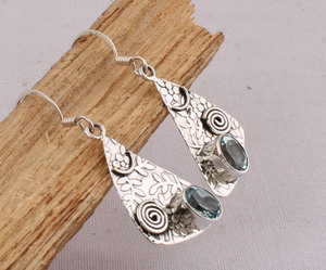 Handmade Antique Finish Blue Topaz Leaf Drop <b>Earrings</b> <b>Solid</b> 925 <b>Silver</b> Botanical Foliage Jewelry Wholesale Jaipur Artisan - Product Image 1