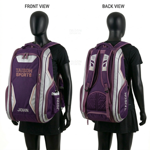 Premium 420 GSM polyester men tennis sports bag purple white panel design custom embroidery and heat transfer logo <b>backpack</b> - Product Image 1