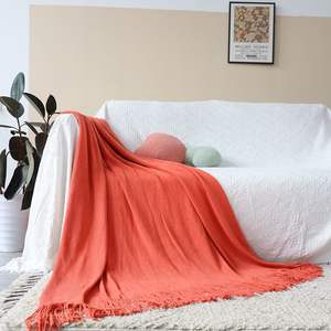 Orange Acrylic Knitted <b>Throw</b> Blanket Soft Woven Warm Cozy Decorative <b>Cover</b> for Couch Bed <b>Sofa</b> with Fringes - Product Image 4