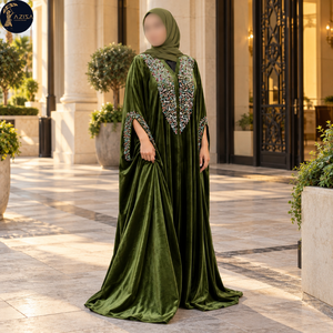 Tela de Terciopelo Verde Oliva con Bordado Floral Multicolor |   Textiles ornamentados y decorados para vestidos Abaya y prendas elegantes para ocasiones especiales - Product Image 2